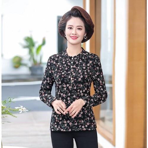 Warm Thick Plus Fleece Women Floral Tops Autumn Winter Basic Shirt Long Sleeve Pullovers Middle Age Mother Plus Size 5XL Tee