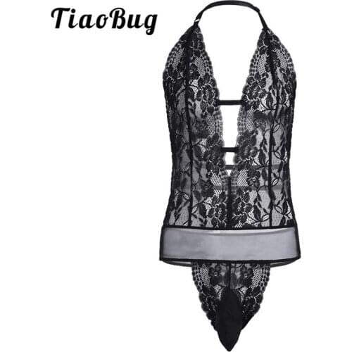TiaoBug Men Halter See Through Lace Floral Sissy Lingerie Penis Pouch Hot Sexy Gay Male Bodysuit Jumpsuit Transparent Underwear