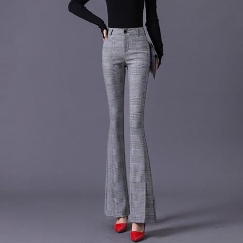 ACRMRAC Spring and autumn Black and white grid High waist thick Skinny Flare Pants Long pants casual pants