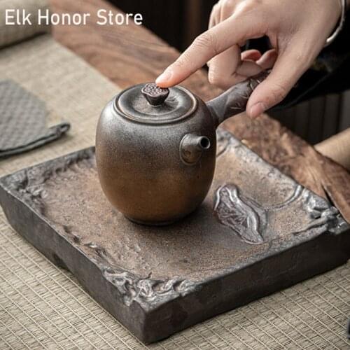 Vintage Rust Glaze Coarse Ceramic Teapot Handmade Lotus Gilding Japanese Teakettle Kung Fu Tea Hand Grasp Pot Master Pot Teaware