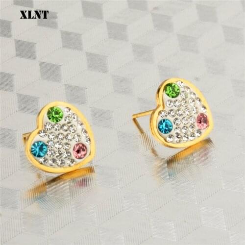 XLNT Simple Stud Earrings For Girls Women Gift Crystal Paved Heart Sweet Wedding Party Stainless Steel Jewelry