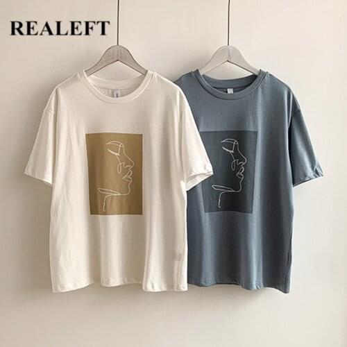 REALEFT 2021 New Summer Loose Abstract Printing Womens T-Shirts Bottoming O-Neck Short Sleeve Casual Female Shirts Tops Lady