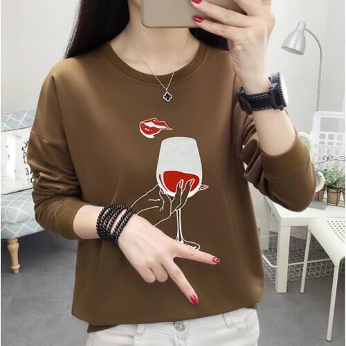 Print O-Neck Women T-shirt Korean Fashion Cotton Womens T Shirt Loose Long Sleeve 2021 Spring Autumn Plus Size Women Clothing