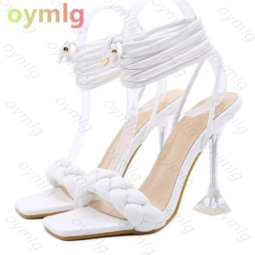 2021 New Summer Fashion Design Weave Women Sandals Transparent High Heels Ladies Lace up Thin Heels Sandalias Femenina