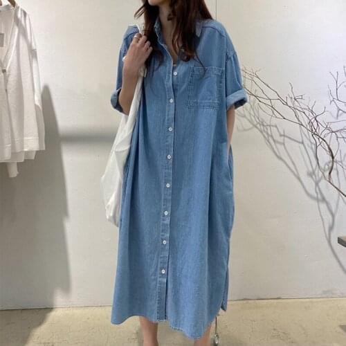 Womens Spring Summer Fashion Designer Plus Size Long Blue Denim Dress Female Chic Casual Loose Dress TB683