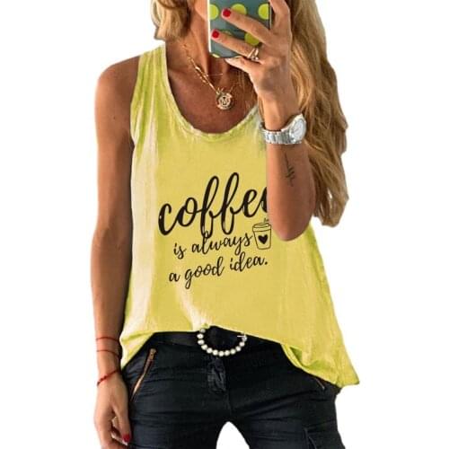 Summer Women Waistcoat Oversized Cotton 100% Coffee Letter Print Fashion Lady Sexy Sleeveless Tank Tops Casual Vintage Camiseta