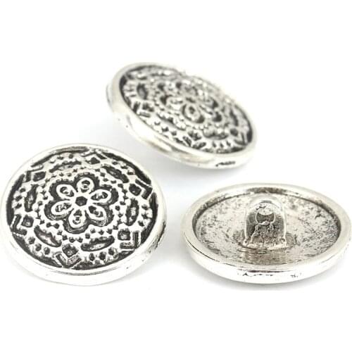 10 PCs Zinc Based Alloy Flower Carved Round Metal Sewing Shank Buttons Antique Silver Color 20mm Dia Clothing Accessories