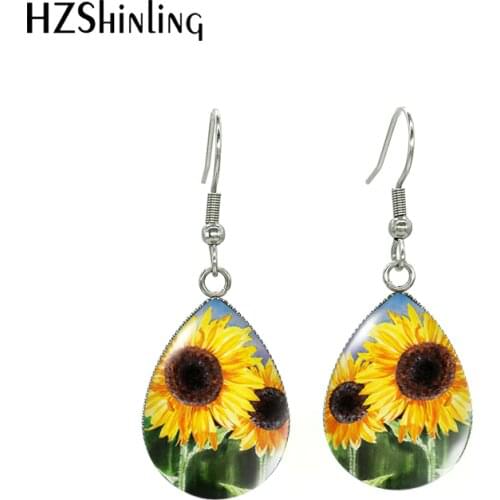 2021 New Yellow Color Sunflower Flowers Oil Painting Tear Drop Dangles Handcraft Fish Hook Earrings
