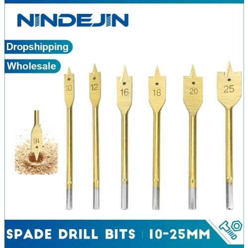 NINDEJIN 6pcs Woodworking Spade Drill High Speed Steel Titanium Coated Three Point Wood Drill Carpentry Tools 1/4 Hex Shank