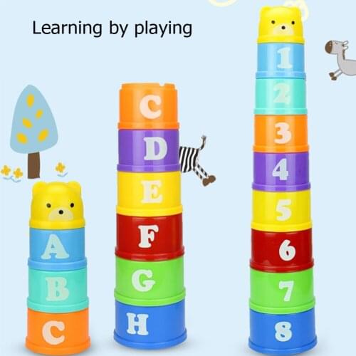Children 9pcs Stacking Cups Early Education Baby Toys Set Figures Letters Learning Folding Piles Tower Funny Puzzle Kids Toy