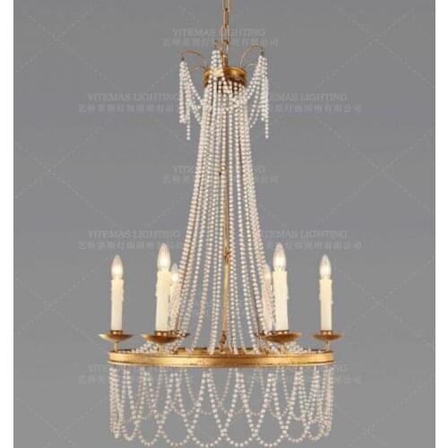 Antique gold chandelier lighting wooden beaded lamp vintage golden 6 lights chandelier hanging light farmhouse foyer bedroom E14