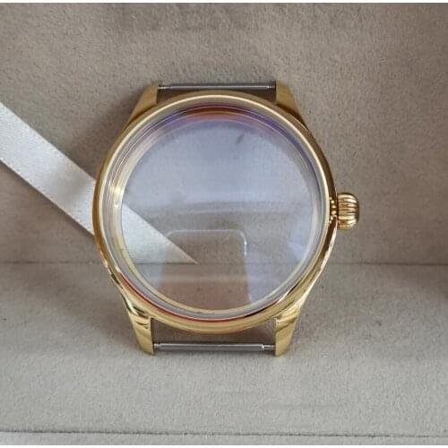 Golden Pilot style 44mm 316L Stainless steel watch case Pumpkin shaped crown Mineral glass or sapphire For eta6497 6498 ST36