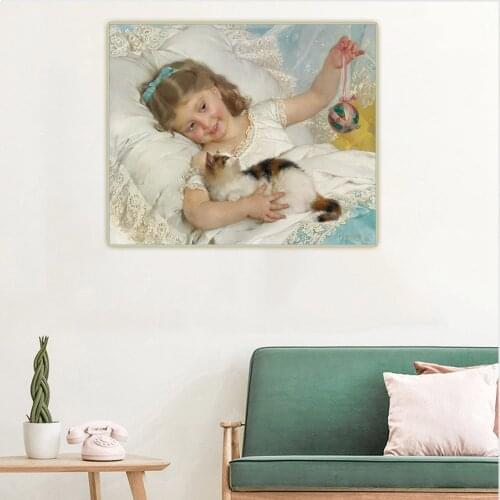 Citon Emile Munier《Girl playing with kitten》Canvas Oil Painting Childhood memories Background Decor Childrens room Decoration
