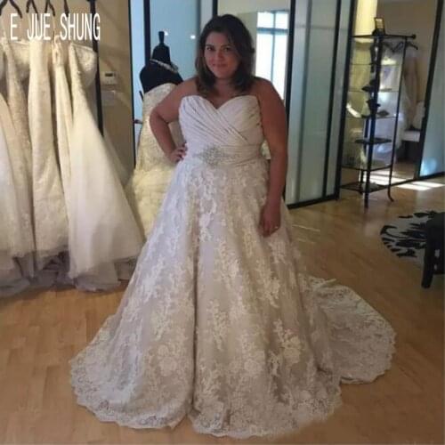 E JUE SHUNG Plus Size Sweetheart Wedding Dresses Sleeveless Appliques Crystal Sashes Lace Up Back Bridal Gowns Vestios De Novia