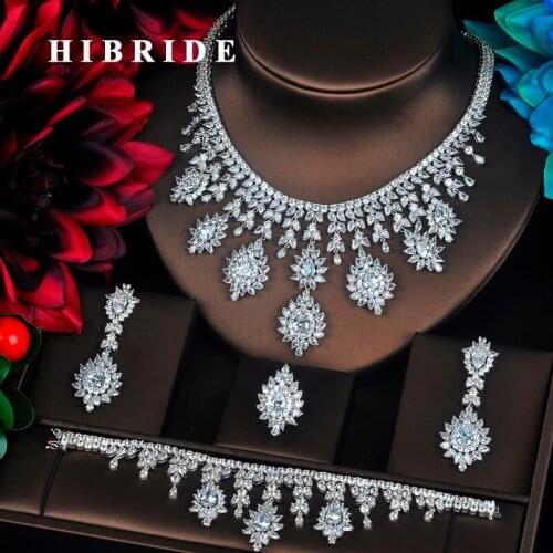 HIBRIDE 4 PCS Sets Luxury Shinny Cubic Zirconia Queen Women Jewelrt Sets Bridal Fashion Jewelry Wedding Party Necklace Set N-334