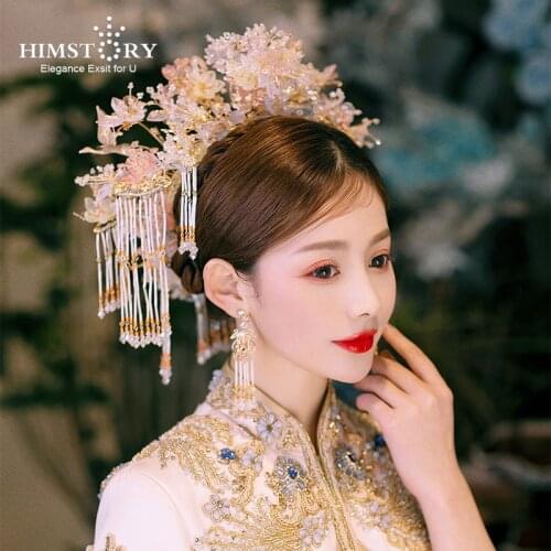 HIMSTORY Newest Chinese Wedding Head Bride Vintage Crystal Flower Phoenix Pink Floral Wedding Party Stage Hair Jewelries