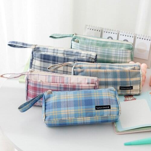 Large Capacity Pencil Case Simple Grid Canvas Pencilcase School Pen Case Supplies Pencil Bag School Box Pencil Pouch Stationery