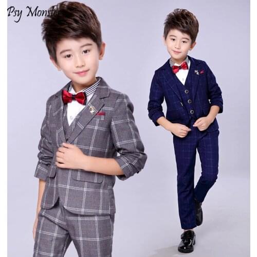 Autumn Childrens Formal Plaid Suit Set British Flower Boys Wedding Party Performance Costume Kids Tuxedo Vest Pants Clothes