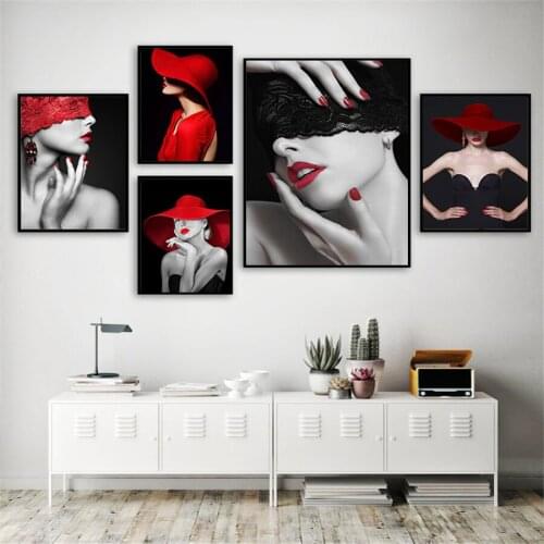 Red Lip Hat MakeUp Beauty Sexy Women Wall Decor Painting Women Girls Canvas Art Print Poster, Wall Pictures For Home Decoration