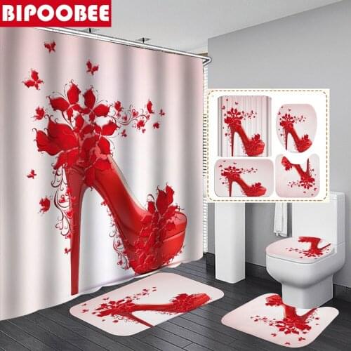 Red High Heels Bathroom Shower Curtain Waterproof Polyester Bath Curtains with 12 Hook Washroom Decor Toilet Cover Non-slip Rugs