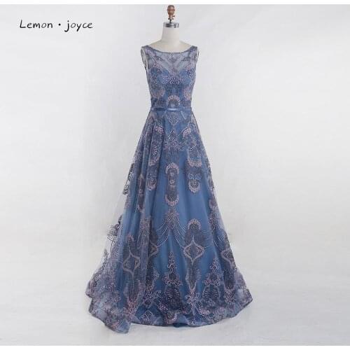 Lemon joyce Blue Prom Dresses 2020 Elegant O-Neck Sleeveless A-Line Long Dress Sexy Backless Party Gowns Plus Size