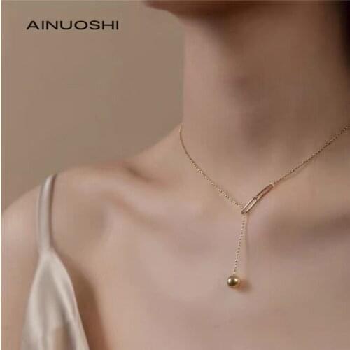 AINUOSHI Fashion Round Beads Necklace New S925 Sterling Silver Yellow Gold Color Adjustable Clavicle Chain Choker Jewelry Gifts