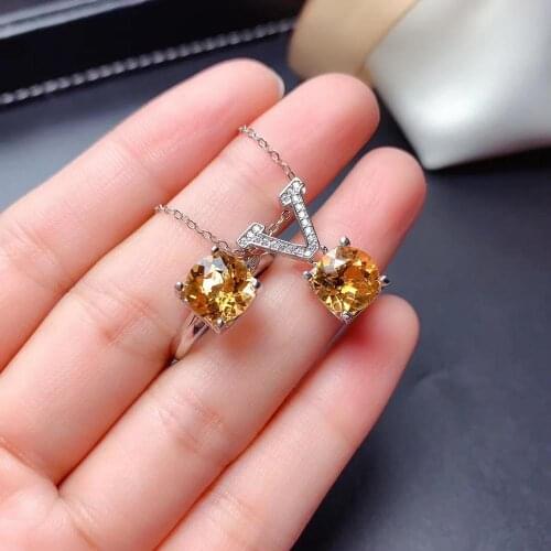 Fashion elegance delicate square Natural yellow crystal jewelry sets natural citrine ring Pendant 925 silver women gift jewelry