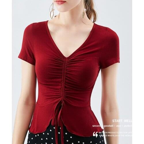 Korean fashion sexy slim Pleated drawstring tie cotton shirts M-7XL plus size comfortable office lady basic Knitted modal cotton