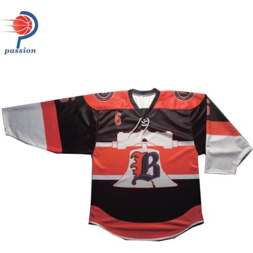 MOQ 5pcs Promotional Custom Ice Hockey Jerseys Orange Black with Bell Logo