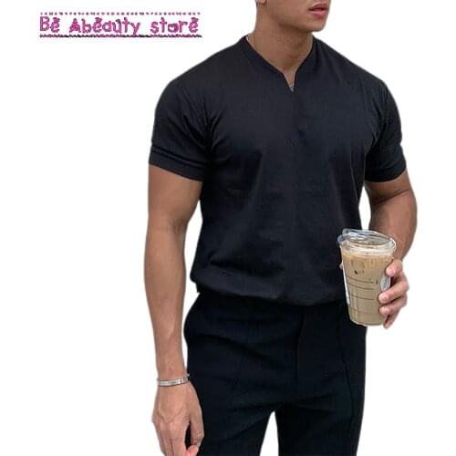Men Cotton Pure Sports T-shirt V-neck Fitness T-shirt Short-sleeved Mens Shirt Durable Fashionable Black Comfortable Plus Size