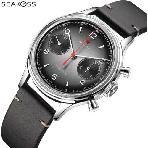 SEAKOSS Grey 1963 Chronograph Mens Watch Sapphire Acrylic Glass ST19 Seagull Hand Winding Movement Pilot Men Mechanical Watch
