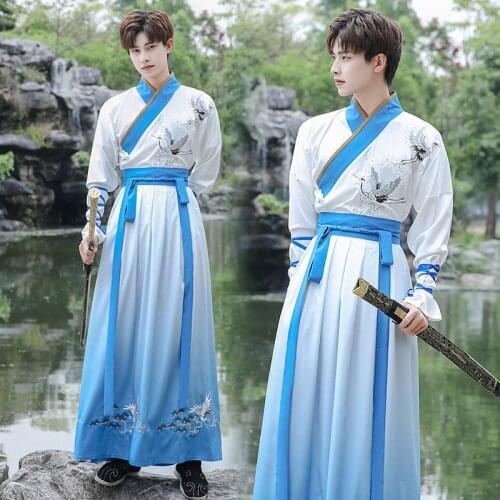 Men Chinese Hanfu Ancient Traditional Embroidery Tang Suit Oriental Swordsman Folk Dance Performance Outfits Cosplay Costume