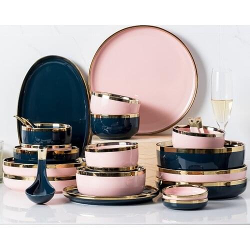2021 New Modern Family Ceramic Fashion Solid Color Pink Tableware Set