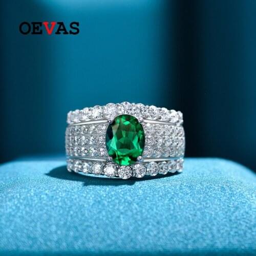 OEVAS 100% 925 Sterling Silver 7*9mm Oval Lab Grown Emerald Full High Carbon Diamond Rings For Women Sparkling Fine Jewelry Gift