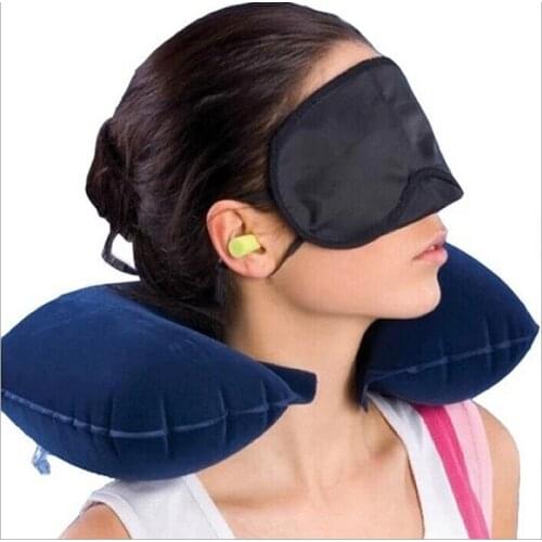 Whole Sale 500pcs/Lot Hot Inflatable Travel Flight Pillow Neck U Rest Air Cushion+ Eye Mask+Earbuds + Carrying Bags Custom logo