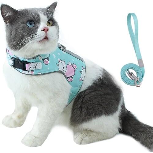 Cats Collar Reflective Soft Harness Vest with Walking Lead Leash Adjustable Quick Breakaway Cat Collar Cotton Harness for Kitten