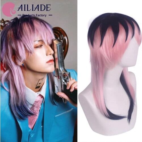 AILIADE Short Straight Pink Wig With Bangs Synthetic Anime Cosplay Wig for Women Yellow Black Mixed Color Heat Resistant Wigs