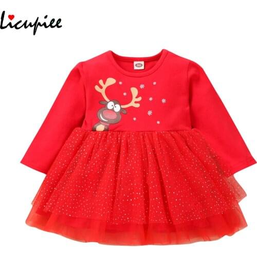 Girls Long-sleeved Mesh Yarn Dress Fashion Christmas Reindeer Round Neck Children Princess Dress 1-4 Years