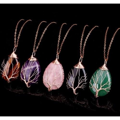 Copper Wire Wrapped Tree of life Natural Stone Pendant Pink Quartz Healing Crystal Tiger Eye Opal Chain Charms Necklace Jewelry