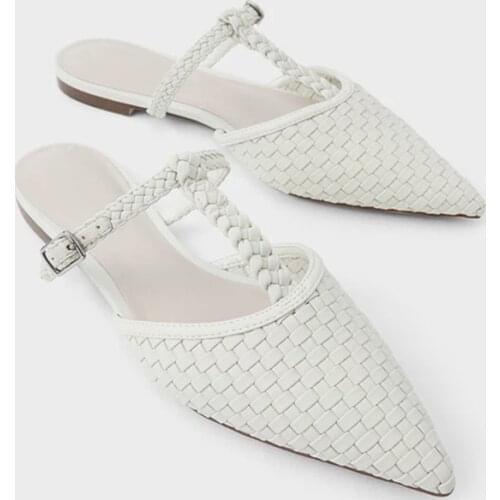 Shoes Slippers Women Summer Pointed Toe Low Pantofle Slides Rivet Flat 2021 Scandals Rubber Hoof Heels Fabric Basic PU Metal