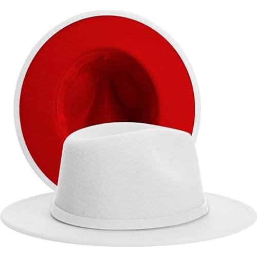 2020 New White Red Patchwork Felt Jazz Hat Cap Men Women Flat Brim Wool Blend Fedora Hats Panama Trilby Vintage Hat