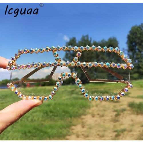 Crystal Sunglasses women brand designer luxury rhinestone geometric patterns metal oversized sun glasses men gradient lens cool