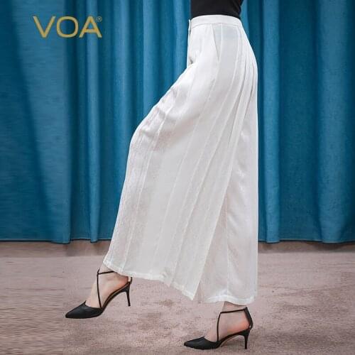 VOA Silk 22m/m White Jacquard Natural Waist Mix Material Stitching Education Grams Pleat Design yi li kou Wide Leg Pants KE85