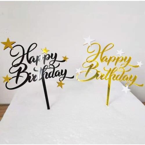 High Quality Black White Gold Star Double Layer Acrylic Happy Birthday Cake Topper Kids Favors Party Supplies Cake Decoration
