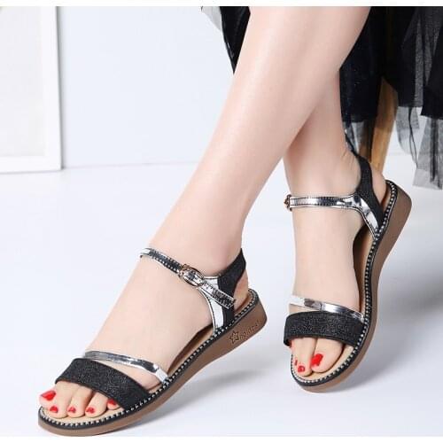 JZZDDOWN Luxury Women Sandals Shoes Summer Black Gold Ladies Flat Beach Sandals Shoes Woman Open Toe Women Flipflop shoe