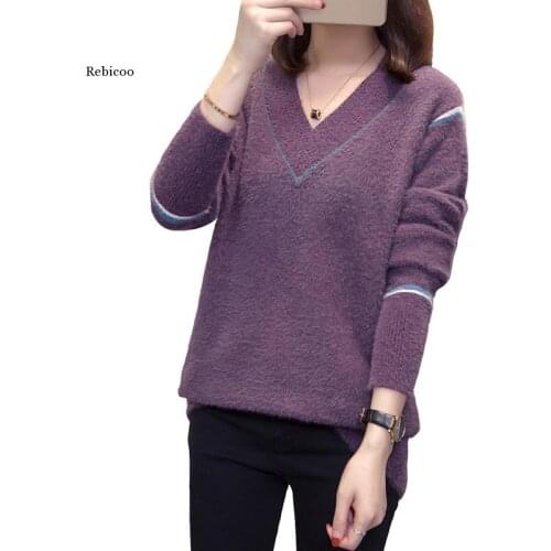 Plus Size Cashmere Pullover Womens Sweater Autumn Winter Korean V-Neck Loose Warm Mohair Jumpers Oversize Ladies Knitwear