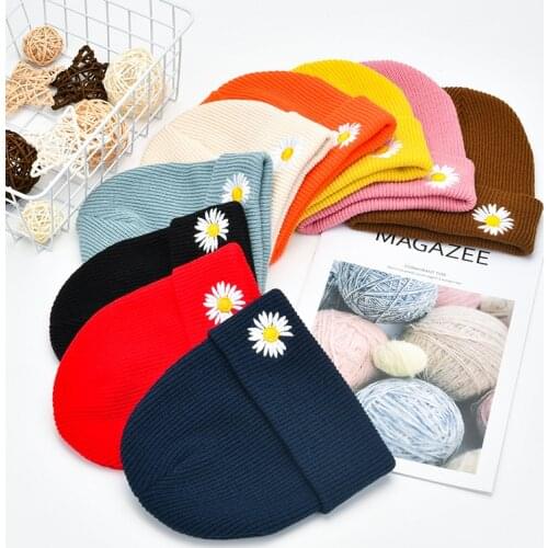 2020 Winter Hats for Woman New Knitted daisy embroidery Cute beanies Girls Autumn Female Beanie Warmer Bonnet Ladies Casual Cap