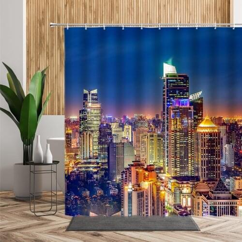3D City Night View Shower Curtains Bright Lighting Architectural Landscape Home Decor Waterproof Bath Curtain With Hook Washable
