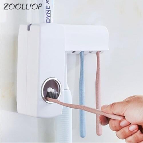 1 Set Creative Automatic Toothpaste Dispenser with Toothbrush Holder Bathroom Water Resistant Sticky Toothpaste Squeezer