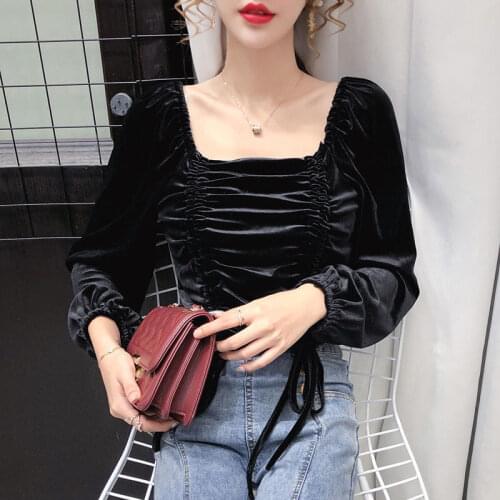 Blouse Women Gold Velvet Drawstring Square-Cut Collar Short Bishop Sleeves Top Blusas Ropa De Mujer